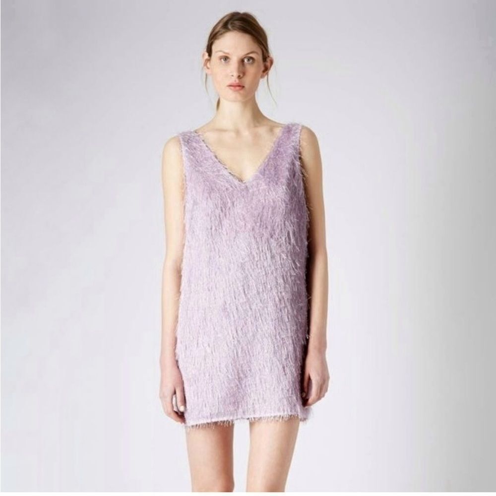 TOPSHOP Lilac Fringe Deep Plunging V-Back‎ Mini Slip Dress Size 2